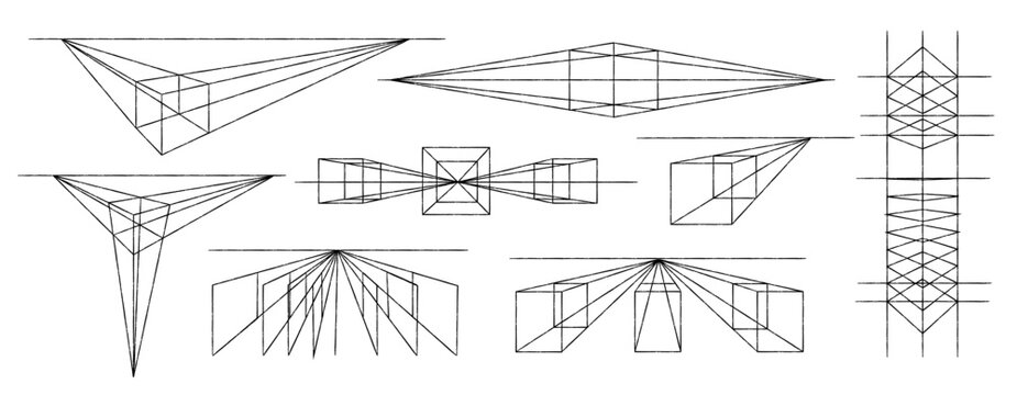Clean linear perspective diagrams showing vanishing points, horizon lines, geometric grids, and construction guides. Useful for architecture, drawing , technical design, and educational materials