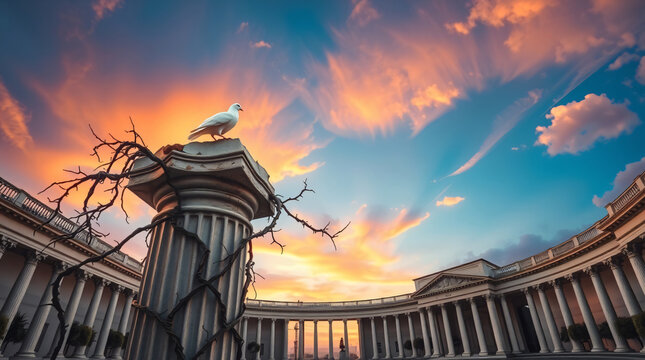 Wide Angle View of a White Dove Perched on a Fluted Ancient Column Wrapped in Barren Branches, Set Against a Spectacular Orange, Pink, and Blue Sunset Sky Above a Semicircular Classical Colonnade, - Powered by Adobe