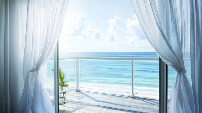 serene ocean view from a luxurious balcony framed by flowing white curtains, inviting relaxation and escape into a coastal paradise