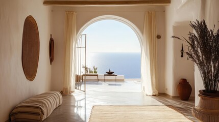 a serenely lit mediterranean interior showcasing an archway with flowing curtains, an expansive ocean view, and minimalistic decor elements