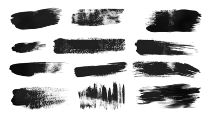 A collection of twelve black paint strokes on a black background in a horizontal arrangement