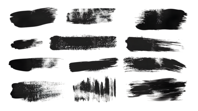 A collection of twelve black paint strokes on a black background in a horizontal arrangement
