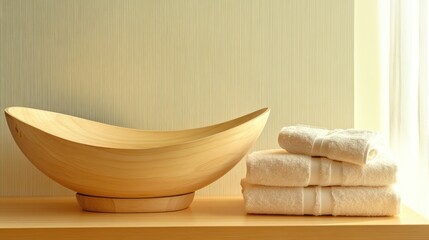a refined interior scene showcases a gracefully curved wooden bowl complemented by neatly stacked towels, exuding a sense of understated elegance