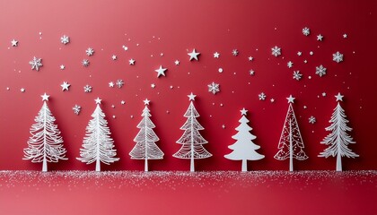 Magical Christmas Trees with Snowflakes and Stars on Red Background for Festive Holiday Season Greetings and Celebrations - Spread Joy and Warmth
