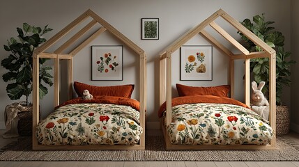 Two beds with house-shaped frames bedding and artwork in a cozy room.
