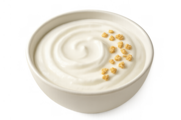 Yogurt bowl with granola cereal on top, creamy healthy breakfast or snack, transparent background