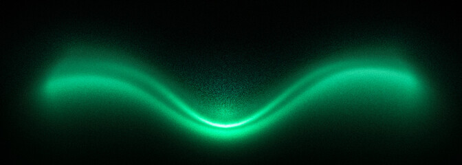 A mesmerizing green neon light wave forms a symmetrical, glowing curve against a dark, textured background. Represents energy, sound, or digital flow.