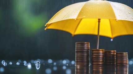 financial security demonstrated by a vibrant yellow umbrella shielding stacks of coins from a downpour, symbolizing protection and stability