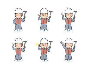 作業服を着て金槌を持った大工さんの表情ポーズセット