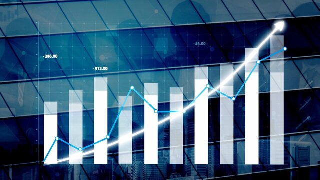 This image features a glass building reflection showing a rising bar graph, symbolizing financial growth and success in a professional business environment. Copula - Powered by Adobe