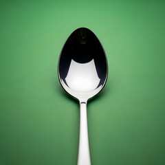A close-up shot of a shiny, stainless steel spoon placed vertically on a vibrant green background, highlighting its reflective surface and smooth contours