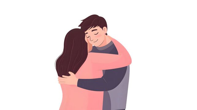 A cartoon illustration of a man and a woman embracing with a black background in the illustration - Powered by Adobe
