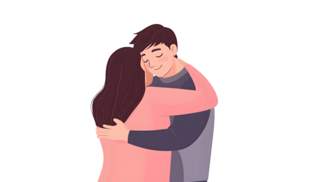 A cartoon illustration of a man and a woman embracing with a black background in the illustration