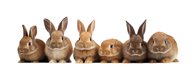 Six Pet Rabbits Grouped - Brown Bunnies on White Studio Background on transparent background png