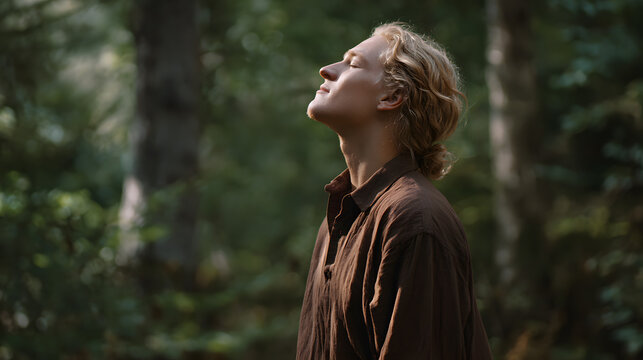 A serene young man with blonde, wavy hair, eyes closed, enjoying a peaceful moment in a sun-dappled forest, breathing in the fresh air and feeling the tranquility of nature.