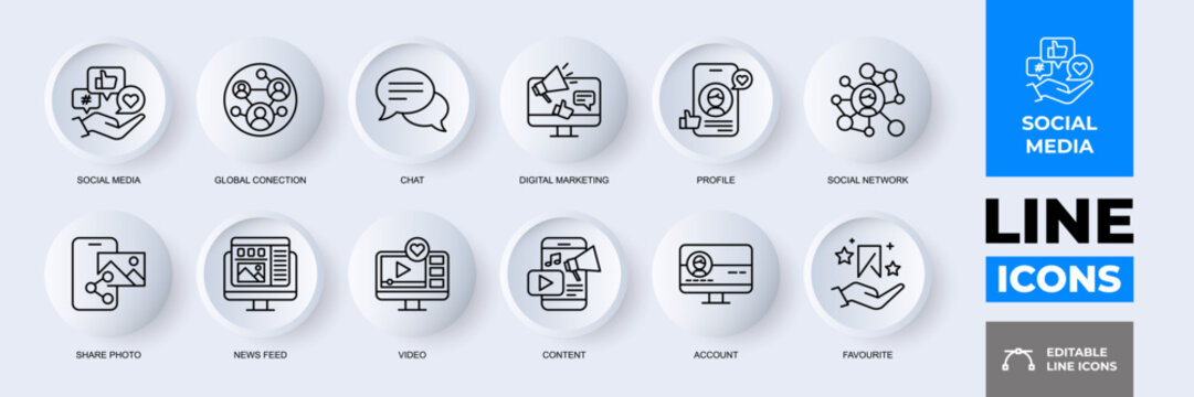 Streamlined Digital Communication: A collection of sleek, minimalist line icons embodies the essence of social media, global interaction, and seamless digital dialogue.