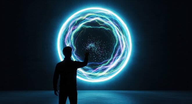 Man in silhouette reaching towards a glowing neon portal of light