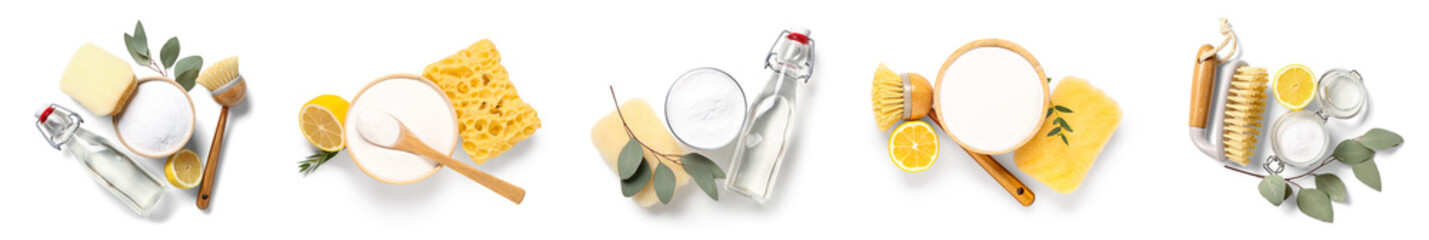 Collage of baking soda, vinegar, lemon, sponges and brushes on white background