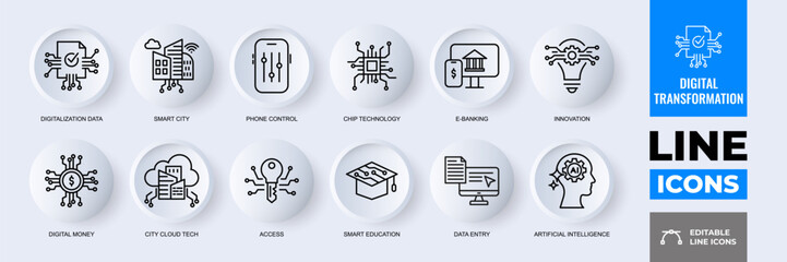 Digital Transformation Icons: a collection of illustrative icons of digital transformation for use in information technology, internet, and communication.