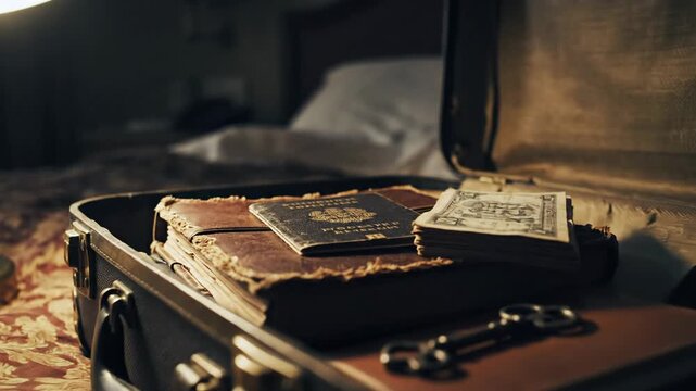Unveiling Secrets: Vintage Suitcase with Hidden Cash, Old Books, and Passport Under Dramatic Lamp Light