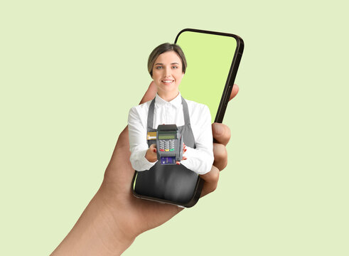Waiter with payment terminal on color background
