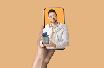 Man with payment terminal on color background