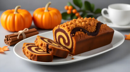 Delicious pumpkin swirl bread loaf with crumb topping and two slices on a white plate, pumpkins, cinnamon sticks, and a cup of tea in the background