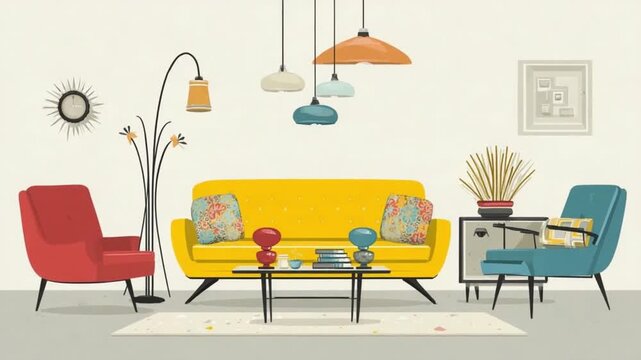 Retro Mid-Century Modern Living Room Interior Illustration.