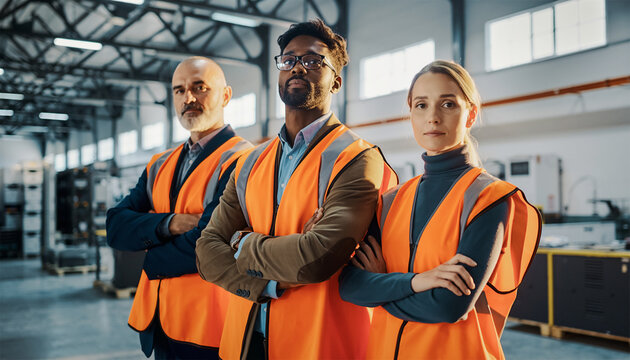 Diverse team of three warehouse workers wearing orange safety vests standing confidently in industrial facility - Powered by Adobe