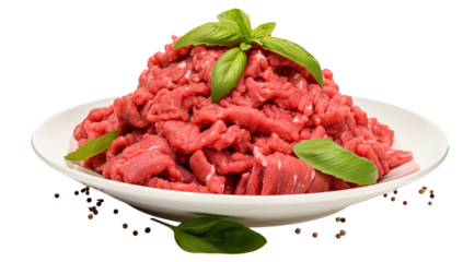 Fresh Raw Sliced Beef with Basil & Spice. Meal Prep & Butcher Cut. on transparent background png
