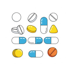 Fototapeta premium Colorful medical pills and capsules illustration pack, ideal for healthcare and pharmacy logo designs. A versatile graphic asset for wellness branding