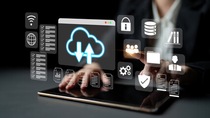 Cloud upload and download icon with surrounding data management, security, and analytics icons in digital interface Parse