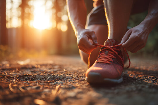 Runner prepares for morning jog on forest trail at sunrise, tying shoelaces in golden light
