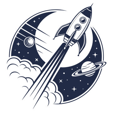 Vintage Rocket Launch with Moon and Planets Space Exploration Vector