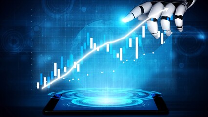 A close-up view of a robotic hand reaching towards a digital tablet displaying a financial growth chart, symbolizing advanced technology and data analysis trends. Copula