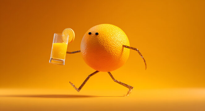 A whimsical orange character with liquid limbs carries a glass of juice, embodying vitality and fun against a vibrant orange backdrop. A fresh symbol of health.