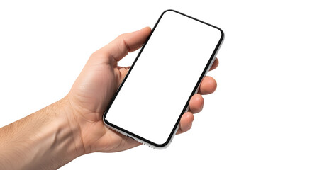 Hand holding a smartphone with a blank white screen for mockup template display