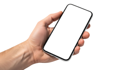 Hand holding a smartphone with a blank white screen for mockup template display