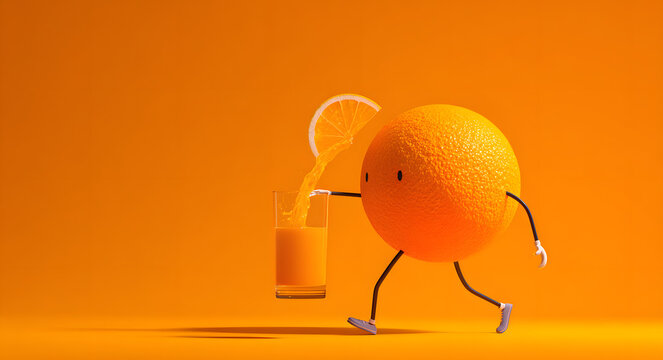 A lively orange character strolls through a bright studio, pouring fresh juice from a slice into a glass, embodying health and refreshment.