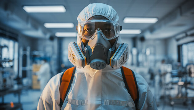 Industrial worker wearing full protective hazmat suit with respirator mask and orange safety vest in factory - Powered by Adobe