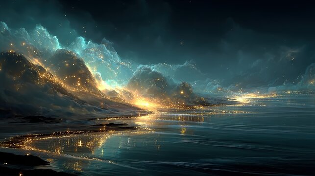 Dreamy landscape with water mountains and glowing clouds at night or dusk.