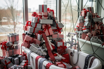 A large pile of wrapped gifts spilling out of a bathtub