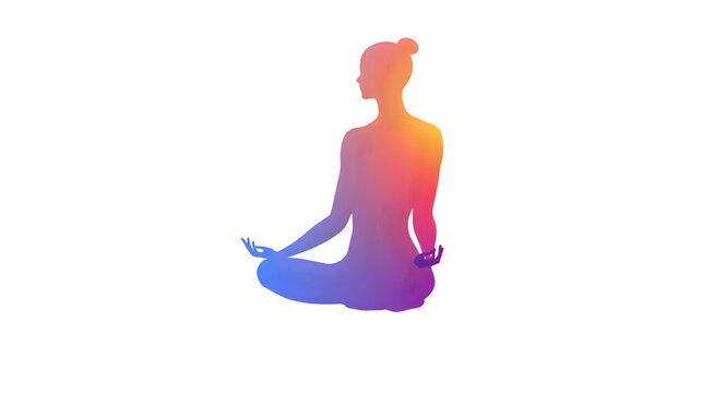 A colorful silhouette of a person in a lotus yoga position on a black isolated studio background scene