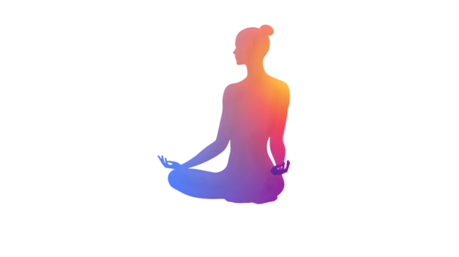 A colorful silhouette of a person in a lotus yoga position on a black isolated studio background scene