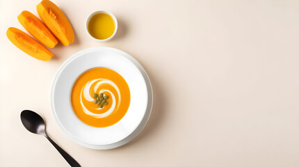 An overhead shot of creamy pumpkin soup with decorative swirl, accompanied by fresh pumpkin slices and olive oil
