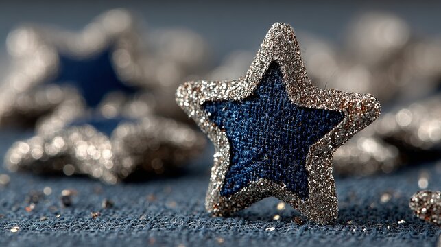 Star shaped cookies with blue filling and silver sprinkles on blue surface.