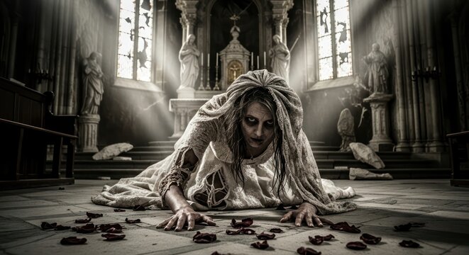 Eerie gothic scene featuring a ghostly woman creeping on a church floor surrounded by rose petals