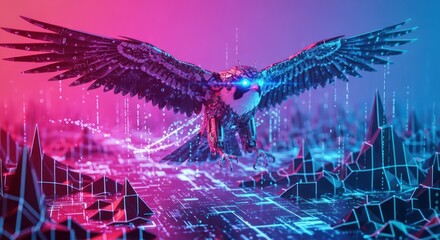 Cybernetic raptor soaring over neon landscapes, a futuristic fusion of nature and technology,