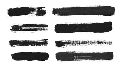 Eight black horizontal brush strokes with rough edges on a black transparent background design element