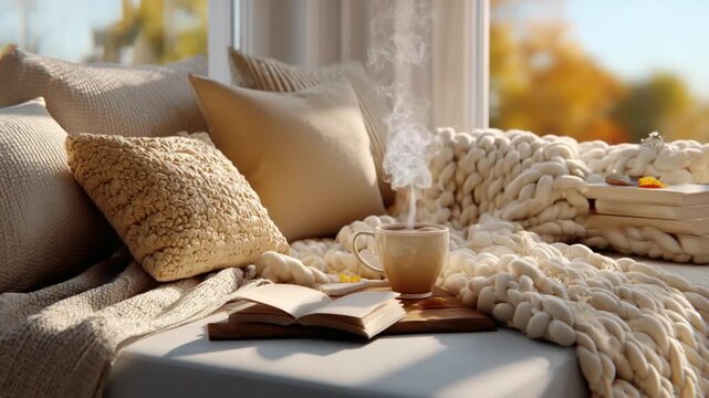 Cozy Autumn Moment: A steaming cup of tea, a stack of books, and inviting cushions on a windowsill create a scene of peaceful relaxation.